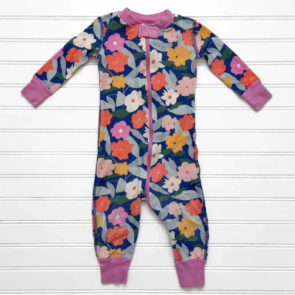 Hanna Andersson Navy Floral One-Piece Pajamas with Pink Trim